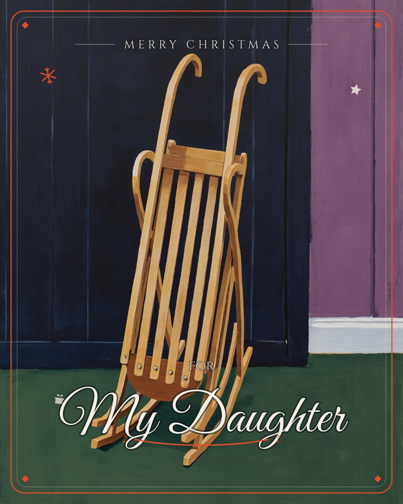 A wooden slatted sledge is propped upright against a dark navy panelled wall, its curled runners and rails catching a warm honey-coloured light, a christmas e-card design