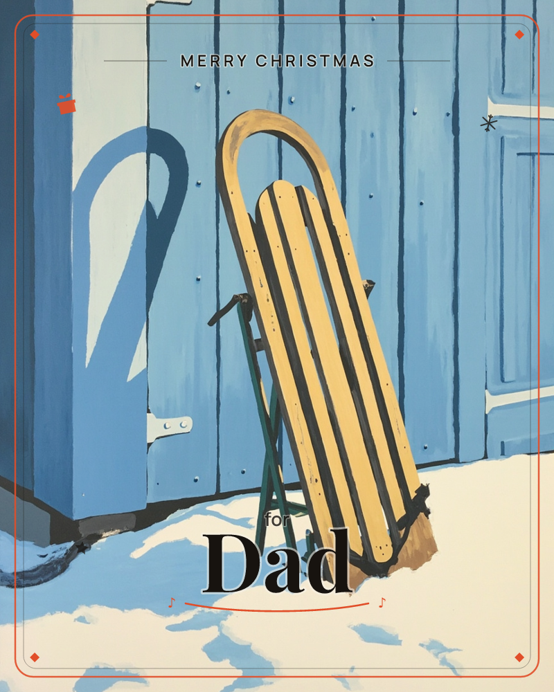 A wooden sled with curled runners leans against a blue plank shed wall, half-sunk in fresh snow with its own long shadow stretching across the boards, a christmas e-card design