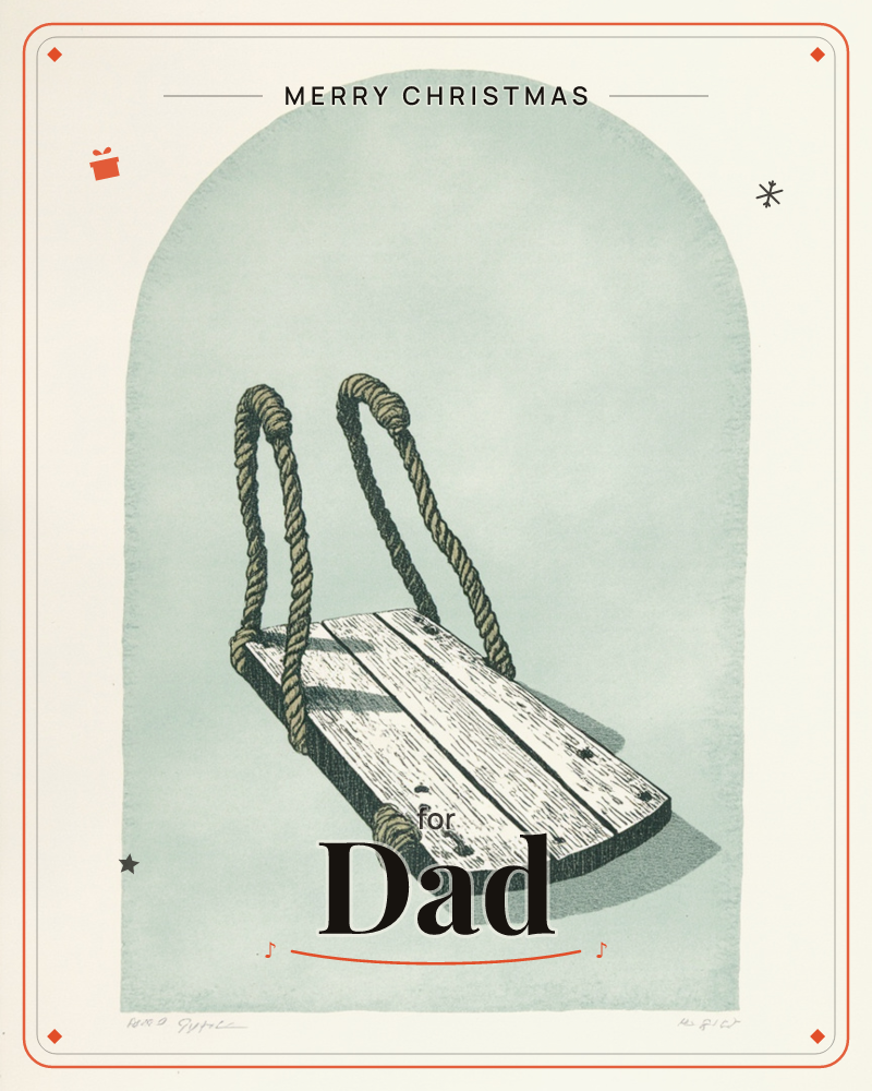 An arched print shows a simple wooden rope swing, seen from above and to the side, its plank seat striped with slanting sunlight and shadow, a christmas e-card design