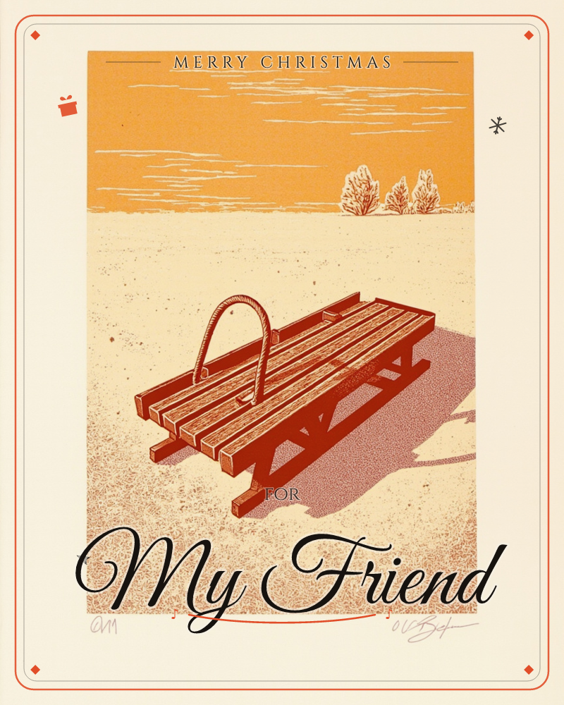 A wooden sled with a curved metal pull-handle sits alone on an open, snow-dusted field, its long shadow stretching across the ground, a christmas e-card design