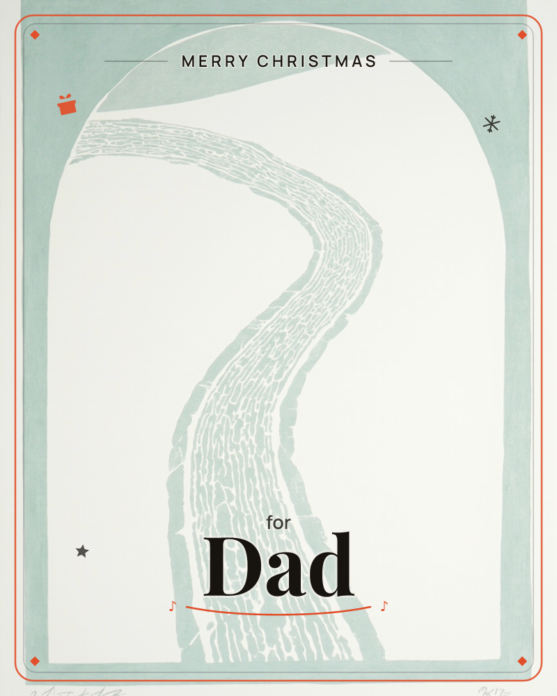 A minimalist print shows a winding, textured river or path in soft sage green, curving upward through an arched border on cream paper, a christmas e-card design