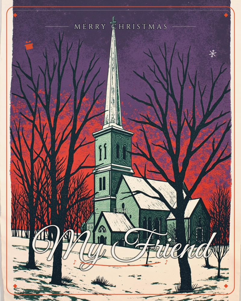 A white-steepled church stands snow-dusted beneath a dusk sky that fades from deep purple to fiery red, framed by bare winter trees, a christmas e-card design