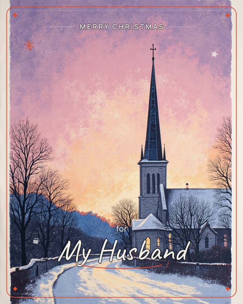 A white church with a tall steeple stands beside a snow-covered lane at dusk, its windows glowing warmly against a sky washed in pink, purple, and gold, a christmas e-card design