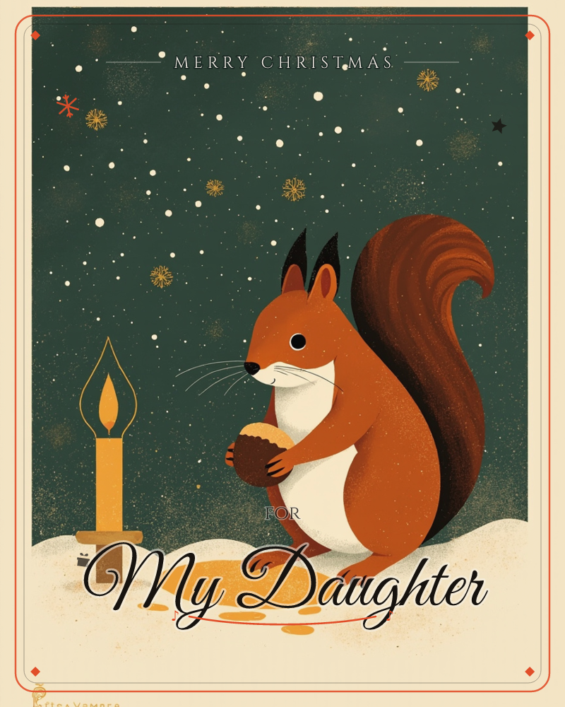 A red squirrel with tufted black ears sits upright in a snowy patch, cradling an acorn against its white belly, a christmas e-card design