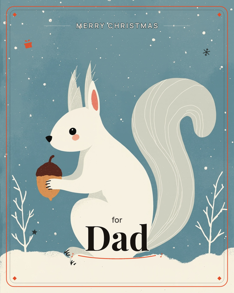 A pale winter squirrel sits upright in a snowdrift, holding a plump acorn in both paws against a dusky blue-teal sky flecked with falling snow, a christmas e-card design