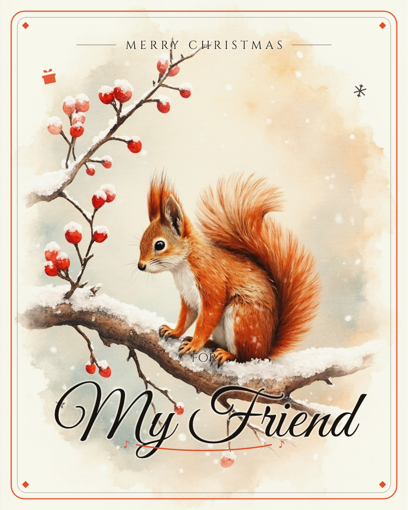 A red squirrel perches on a snow-dusted branch, gazing toward a cluster of frost-tipped red berries, a christmas e-card design