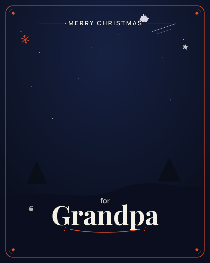 A deep midnight sky glows softly over rolling dark dunes, with two triangular silhouettes rising like distant tents or peaks, a christmas e-card design by @DittyCityTeam