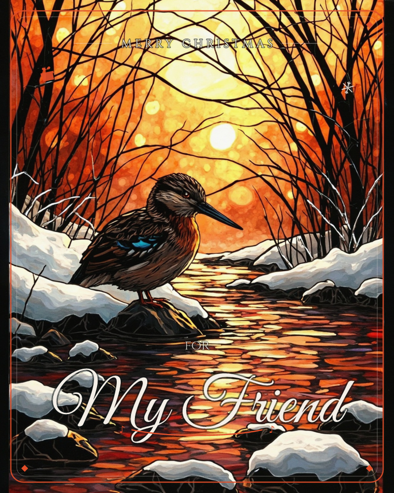A duck with a flash of iridescent blue on its wing perches on a snow-dusted rock at the edge of a winter stream, bare branches arching overhead against…, a christmas e-card design