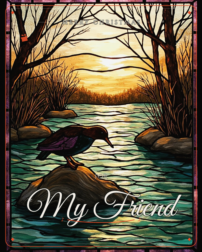 A stained-glass style illustration shows a dark iridescent bird perched on a rock in the middle of a rippling river, bare winter trees framing either…, a christmas e-card design