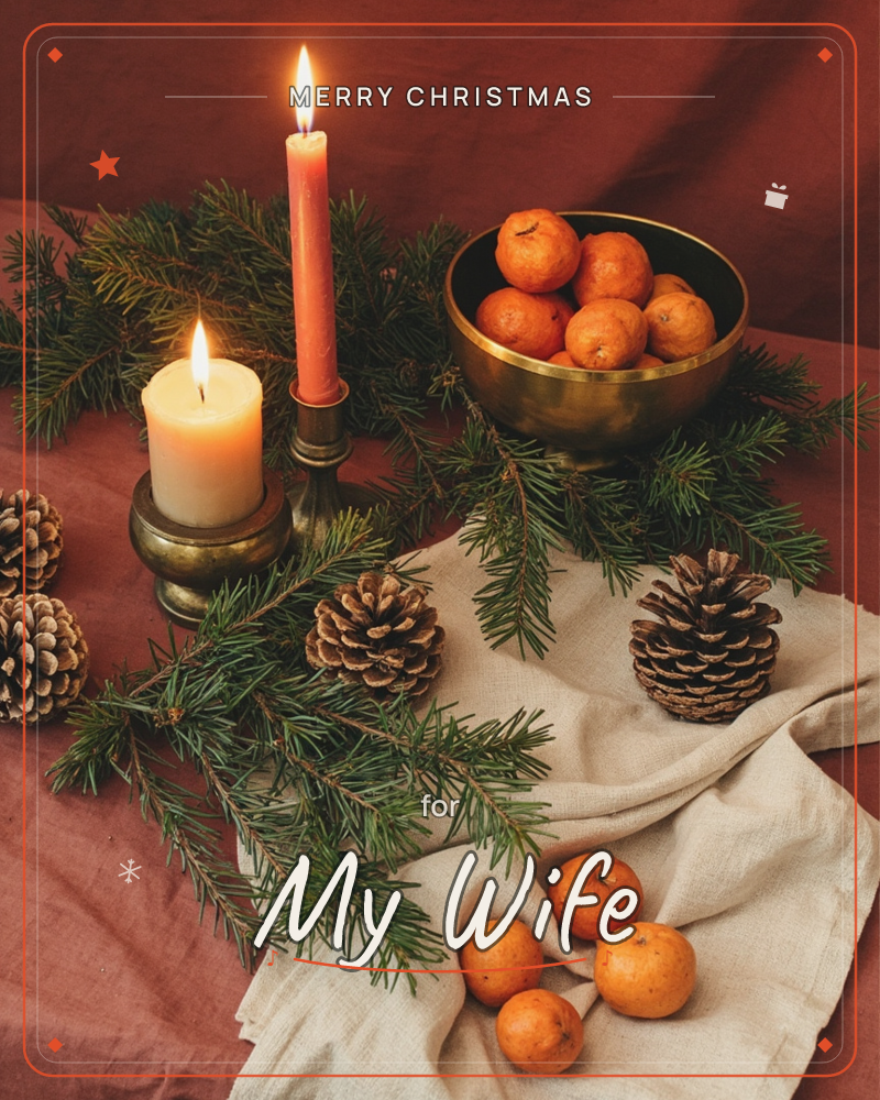 A candlelit still life set on a deep rust-red cloth: a squat pillar candle and a tall taper burn beside a brass bowl heaped with clementines, all…, a christmas e-card design