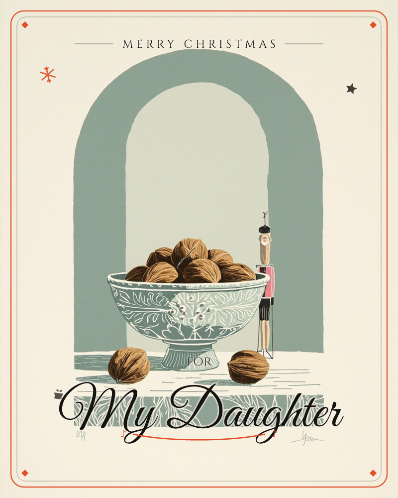 A patterned bowl piled high with whole walnuts sits inside a sage-green arched niche, with a slim wooden nutcracker figure propped beside it and three…, a christmas e-card design