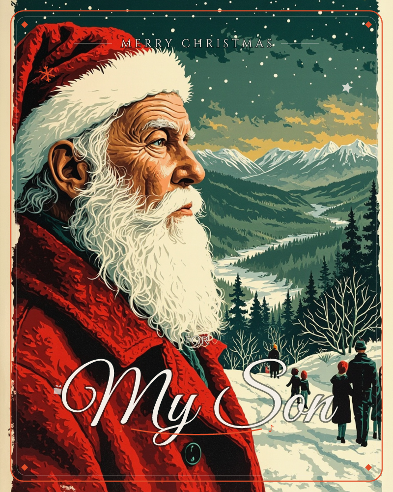 A weathered Santa in profile fills the foreground, his white beard and red coat set against a starry night sky over a snowy mountain valley, a christmas e-card design
