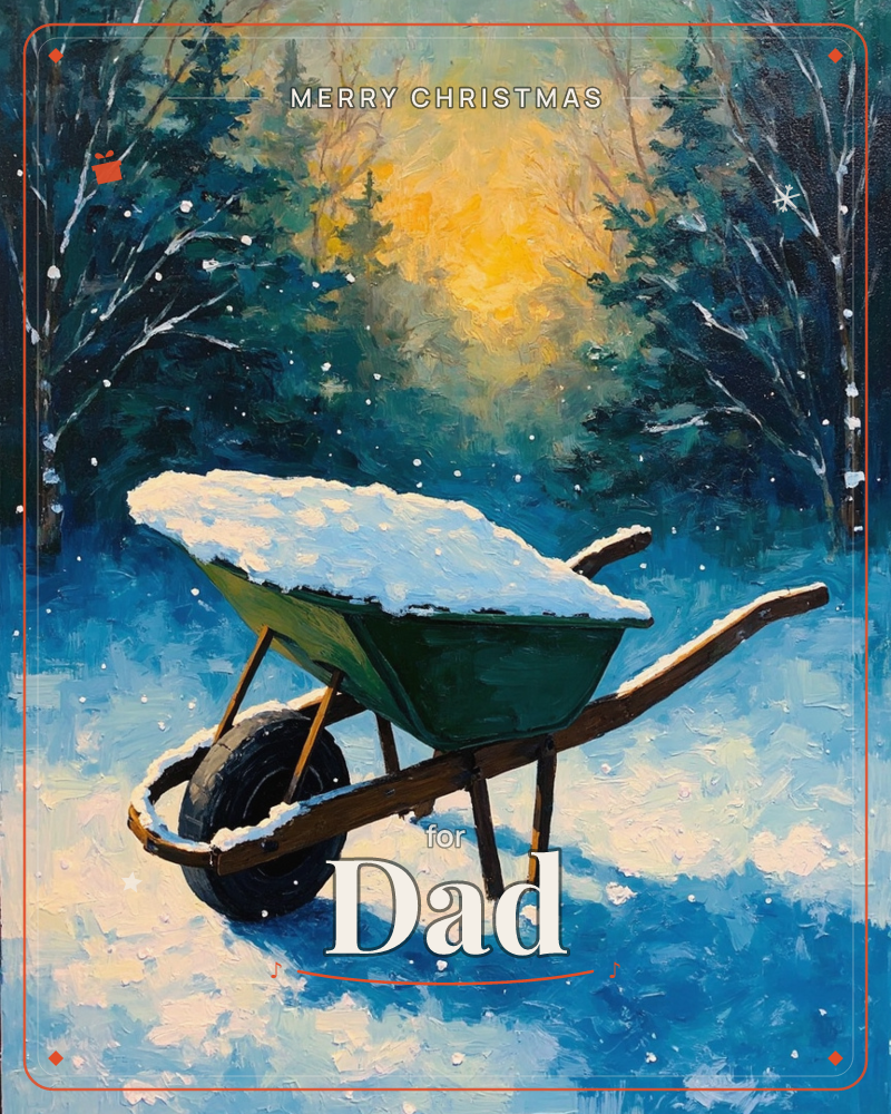 A green wheelbarrow sits abandoned in deep snow, its bed piled high with a fresh drift, while snowflakes drift down against a stand of dark pines…, a christmas e-card design