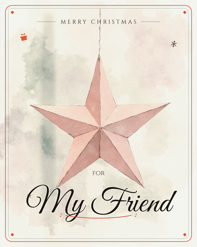 A single five-pointed star, folded from faceted panels of dusty pink and cream, hangs by a thin thread against a softly blotted watercolour background, a christmas e-card design