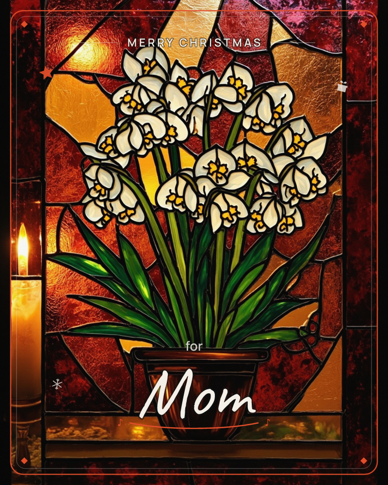 A stained-glass style panel shows a potted cluster of white orchid-like blossoms with golden centres, rising on green stems against a fractured…, a christmas e-card design