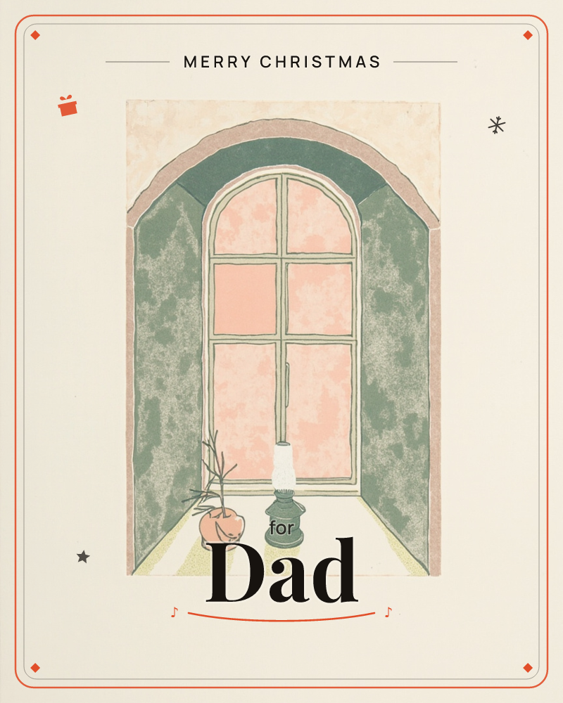 An arched window is set into a deep, mottled green wall, its panes glowing a soft coral pink as if lit by dawn or dusk, a christmas e-card design