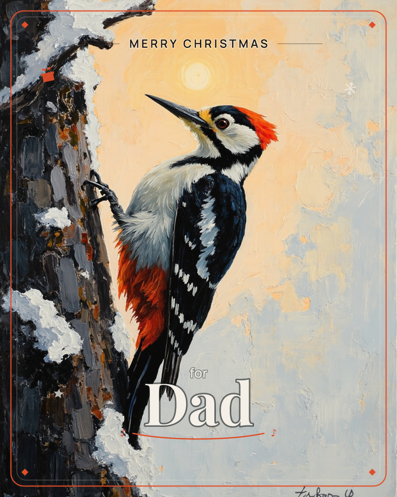A great spotted woodpecker clings to a snow-dusted tree trunk, painted in thick, textured strokes of oil paint, a christmas e-card design