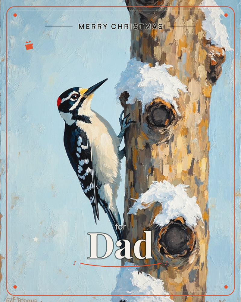 A woodpecker with a black-and-white striped back and a small red patch on its head clings to the side of a snow-dusted tree trunk, a christmas e-card design