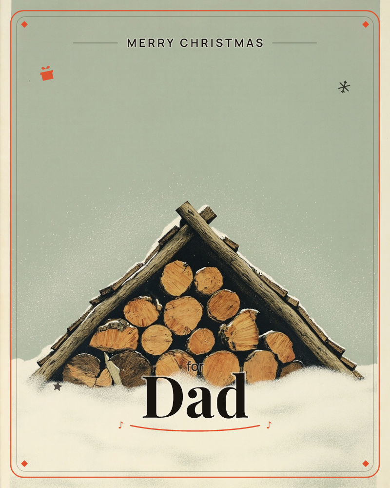 A triangular wooden lean-to shelters a stack of round-cut logs, their pale rings glowing amber against the dark interior shadow, a christmas e-card design