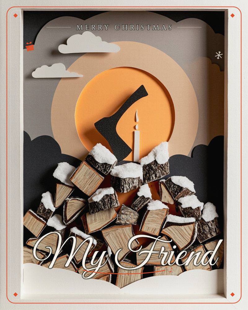 A layered paper-craft diorama shows a stacked pile of snow-capped firewood logs with an axe wedged into the top, set against a warm orange sun and…, a christmas e-card design