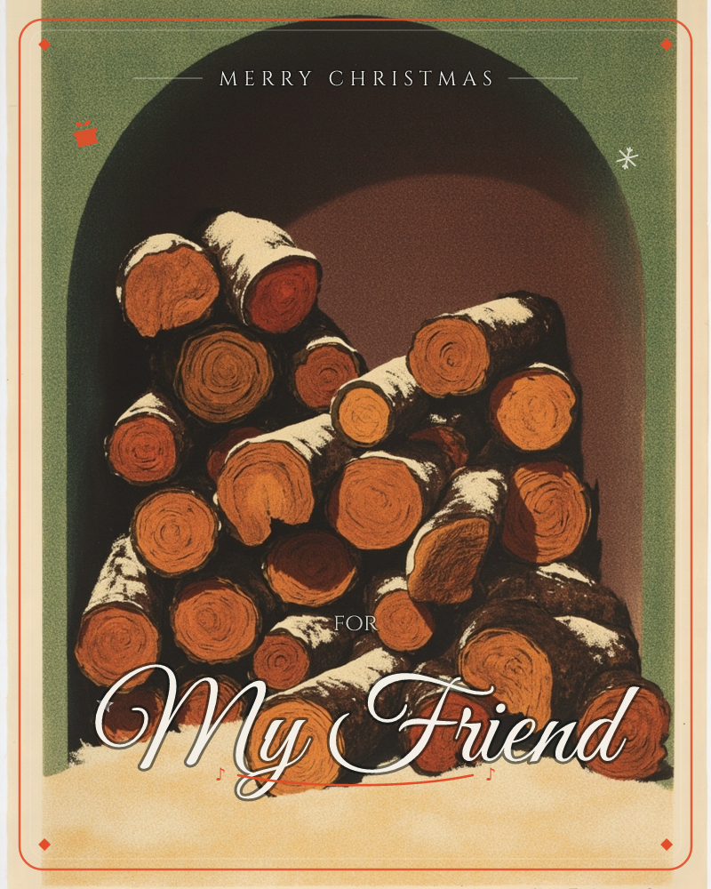 A stack of chopped logs sits piled inside a shadowy arched alcove, their cut ends glowing amber and rust with rings of grain, edges dusted with snow, a christmas e-card design