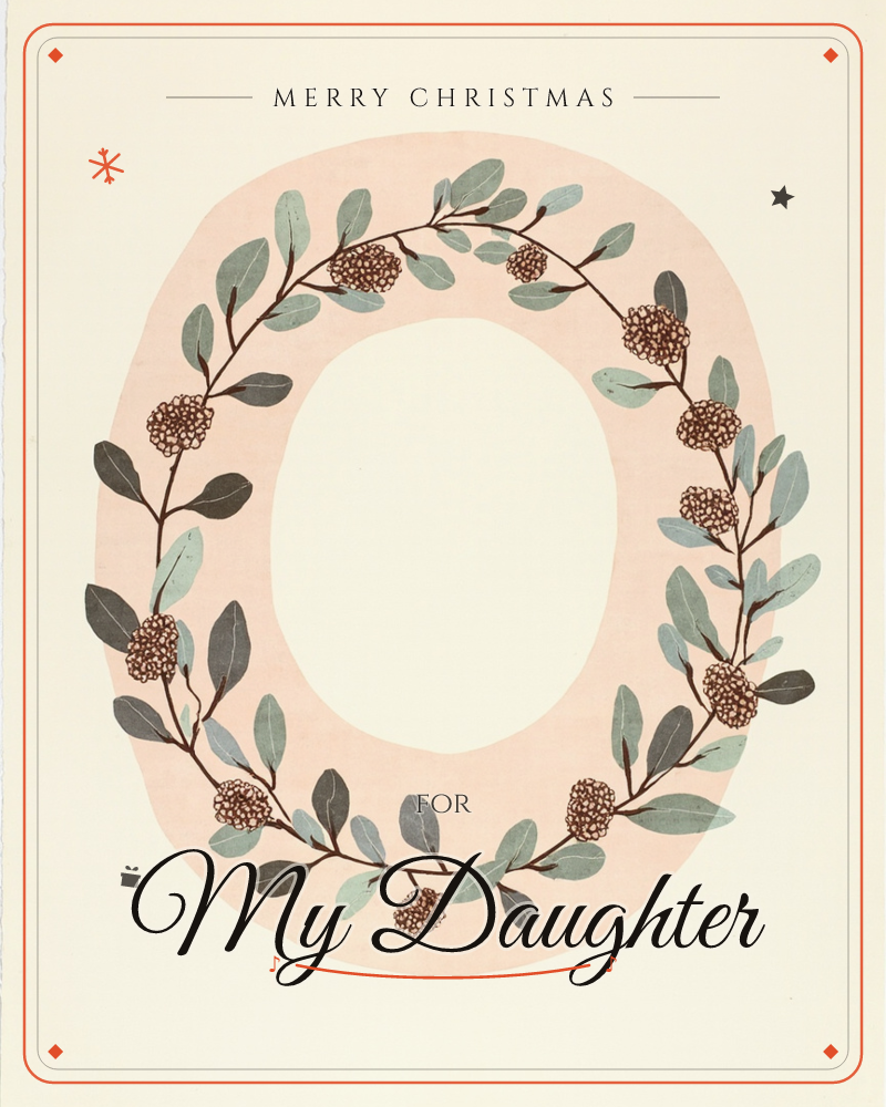 A cream page holds a soft blush-pink oval, ringed by a delicate wreath of eucalyptus-style leaves in sage and charcoal tones with small rust-brown seed…, a christmas e-card design