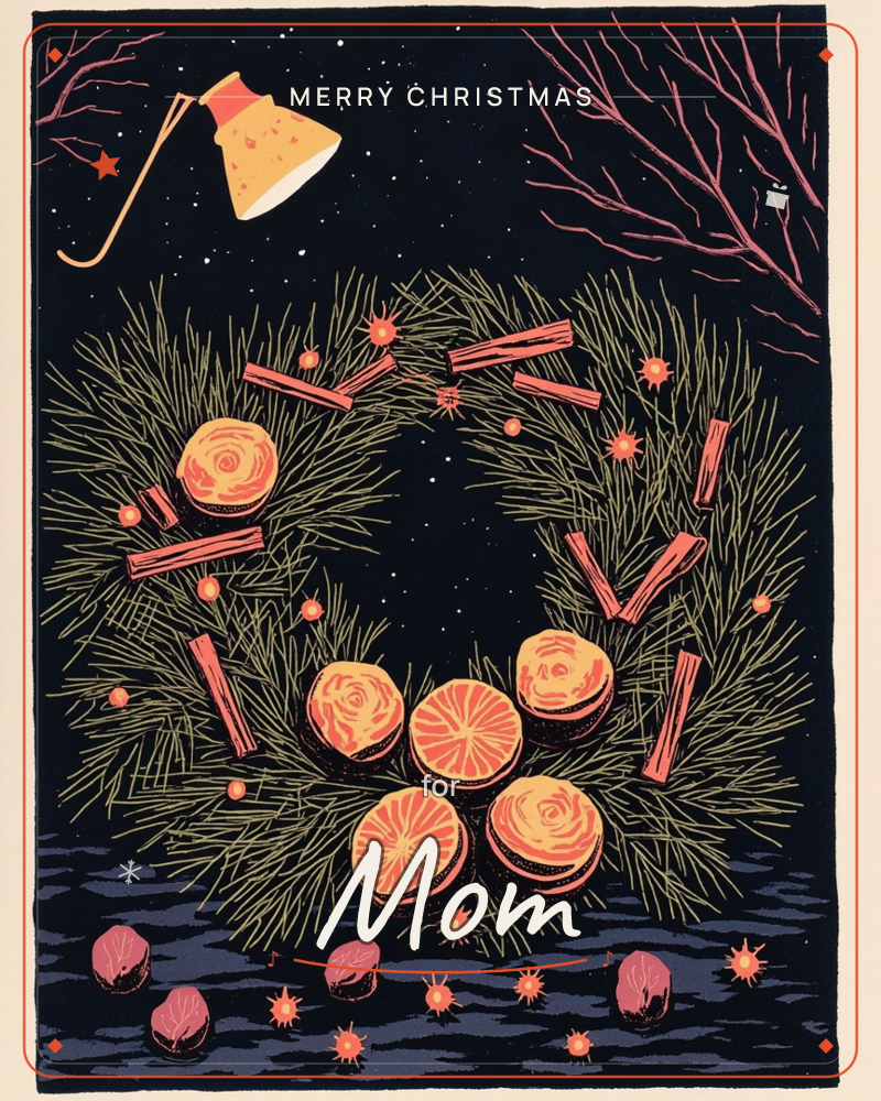 A pine wreath studded with dried orange slices, cinnamon sticks and berries hangs against a deep midnight sky scattered with stars and bare pink-red…, a christmas e-card design