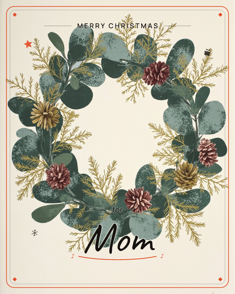 A round holiday wreath sits centred on a soft cream background, built from textured eucalyptus leaves, feathery gold sprigs, and pinecones, a christmas e-card design