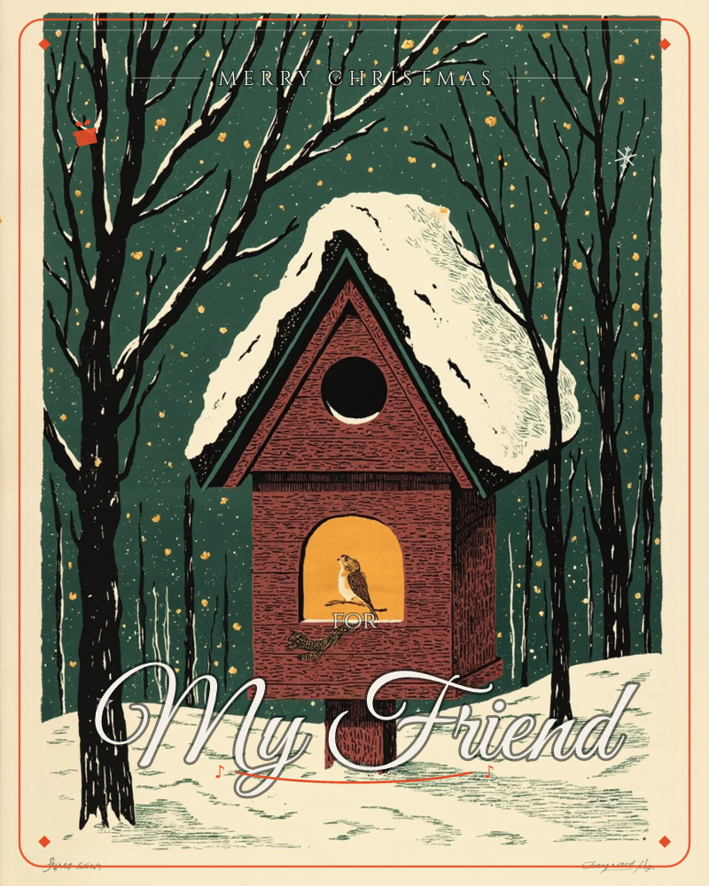 A snow-capped birdhouse stands amid bare black trees against a deep green woodland backdrop, its lower opening glowing warm orange where a small bird…, a christmas e-card design