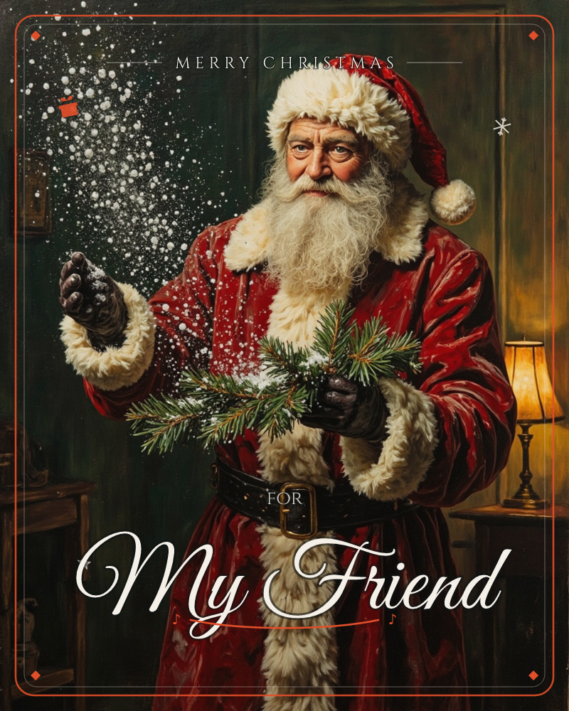 An old-world Santa in a deep red, fur-trimmed velvet coat stands in a dim, wood-paneled room, sprinkling snow from one raised hand while holding a…, a christmas e-card design