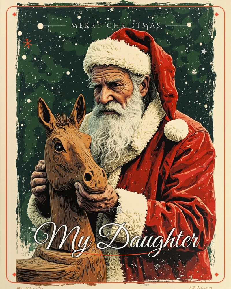 A weathered Santa Claus in a red fur-trimmed coat and cap gently holds the carved head of a wooden rocking horse, his lined face and long white beard…, a christmas e-card design
