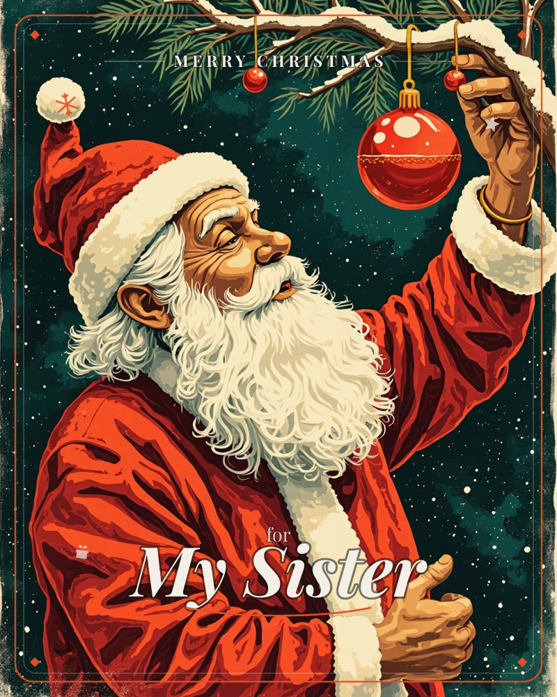 Santa Claus reaches up to hang a red bauble on a snow-dusted pine branch against a deep teal night sky speckled with falling snow, a christmas e-card design