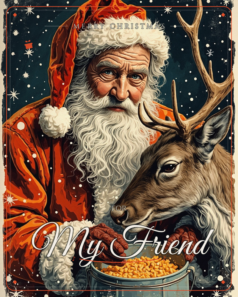 Santa Claus leans close to a large reindeer beneath a starry night sky, both bent over a metal pail brimming with golden feed corn, a christmas e-card design