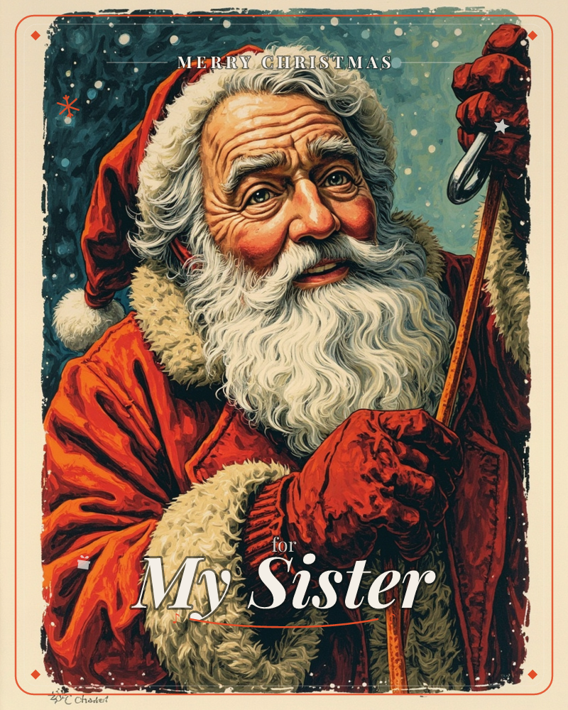 A close-up portrait of Santa Claus, weathered and warm-eyed, gripping a wooden staff with a candy cane hooked at its top, a christmas e-card design