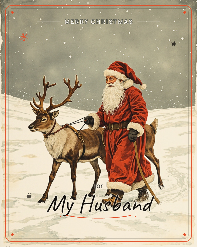 Santa Claus walks through deep snow beside a reindeer, leading it by a rope harness as snowflakes drift down from a muted grey sky, a christmas e-card design