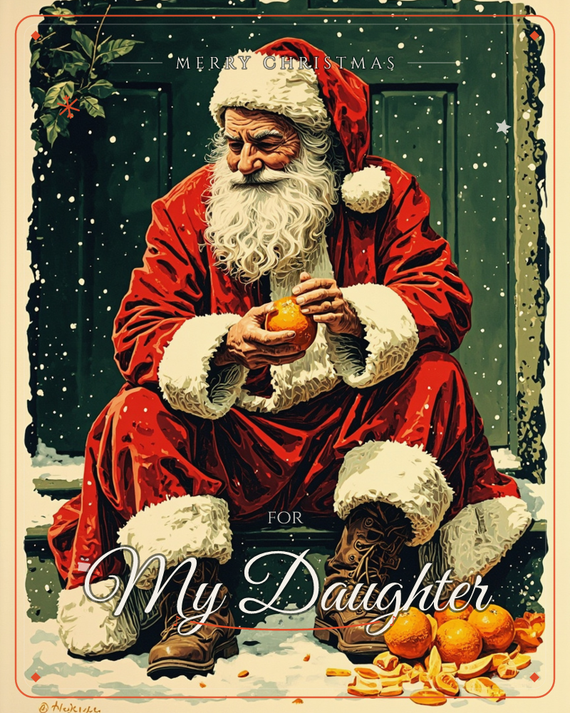 A weary Santa sits on a snowy stoop against a dark green door, peeling an orange with his bare hands while a small pile of oranges and peel scatter at…, a christmas e-card design