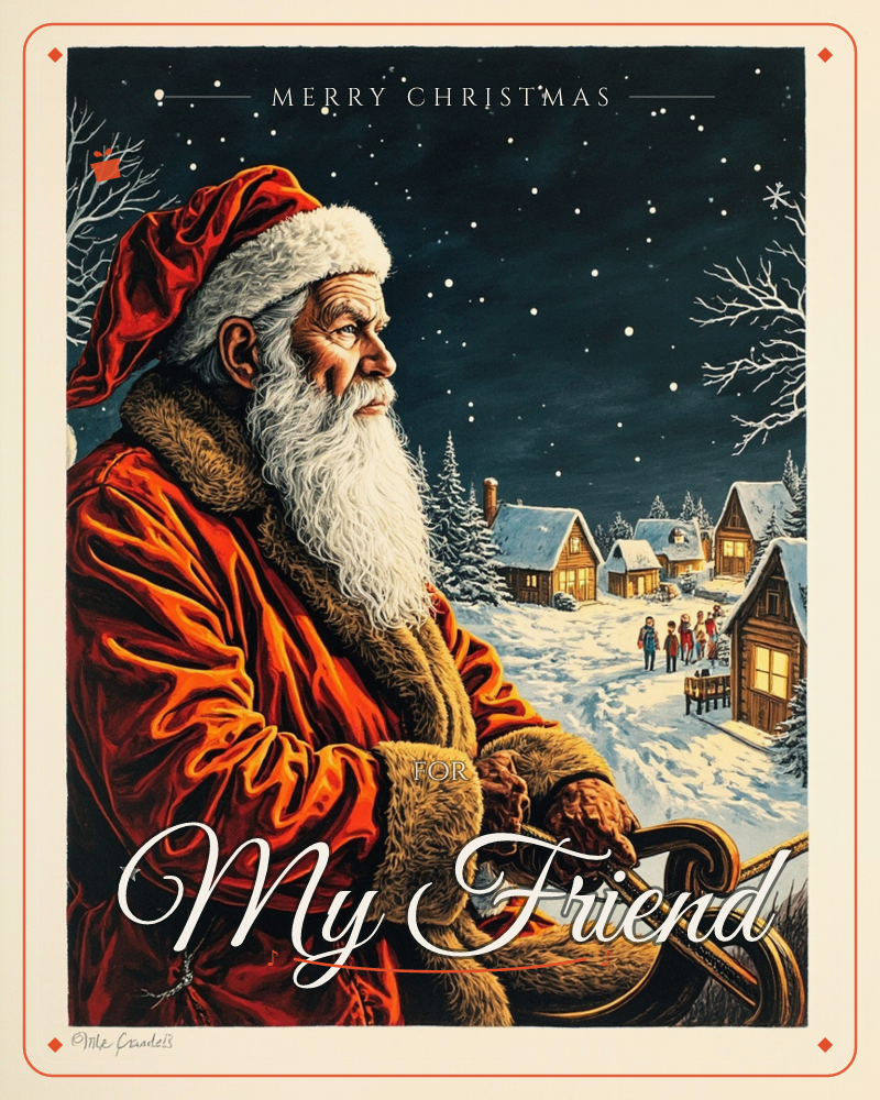 A close-up profile of Santa in a fur-trimmed red coat, gripping the reins as he looks out over a snowy village under a starry night sky, a christmas e-card design