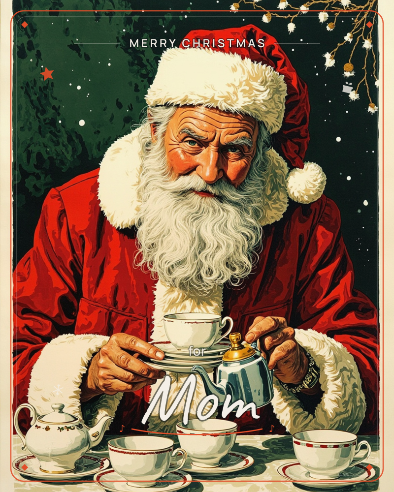 A close-up illustration of Santa Claus, his red coat and white fur trim rendered in bold graphic style, pouring tea from a silver kettle into a…, a christmas e-card design
