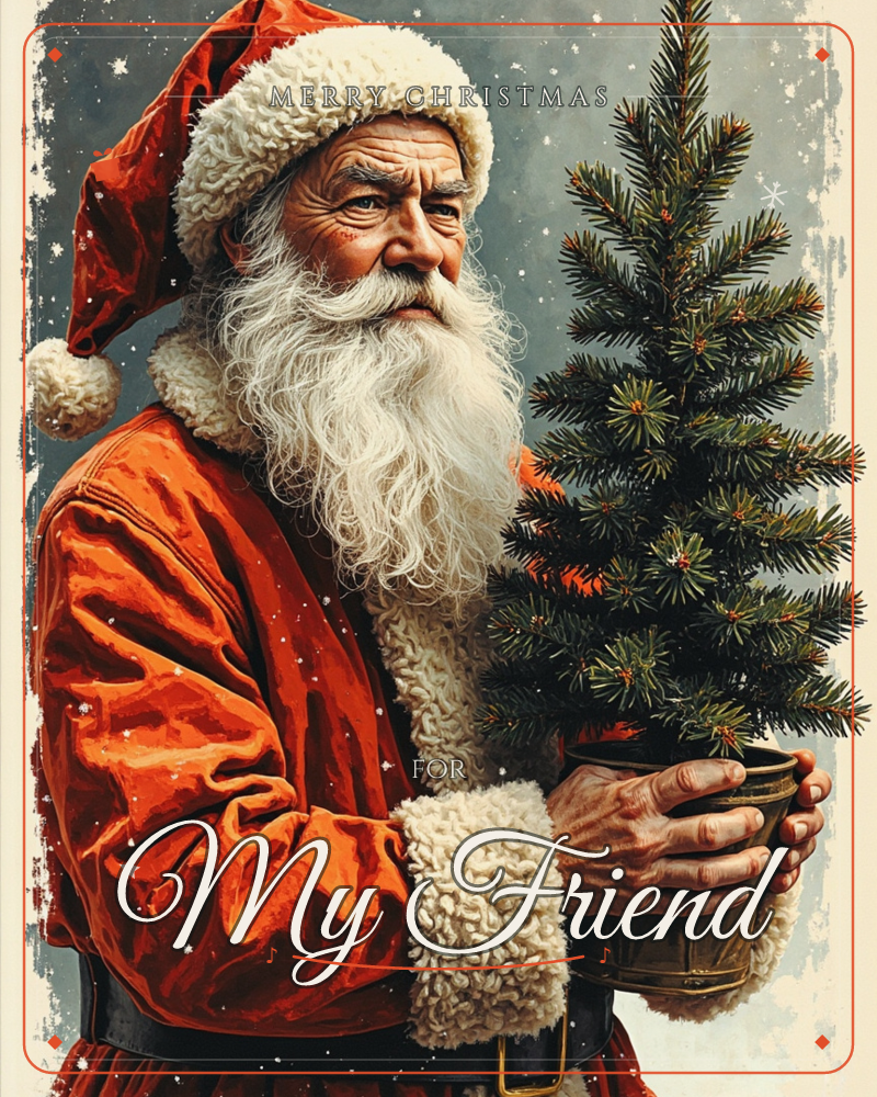 A weathered figure in a red fur-trimmed coat and hat stands in profile, cradling a small potted fir tree in both hands, a christmas e-card design