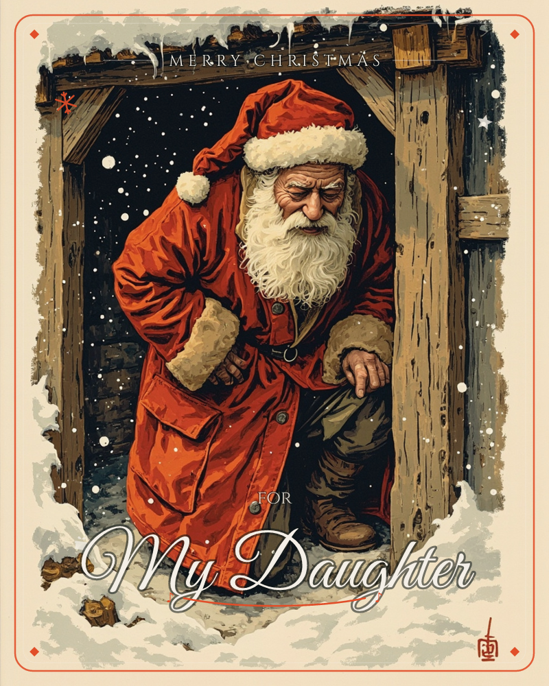 Santa Claus crouches to duck through a snow-crusted timber doorway, his red coat and white beard lit against the dark, star-flecked night behind him, a christmas e-card design
