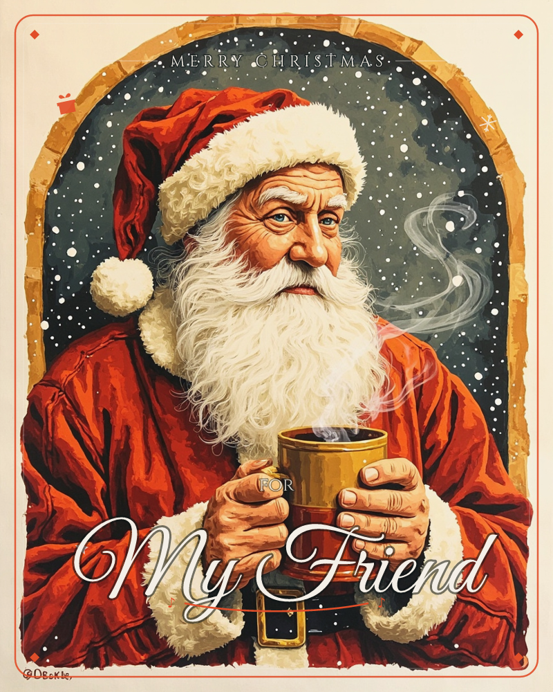 Santa fills an arched window frame, red robe and white fur glowing against a dark snowy sky, holding a steaming golden mug in both weathered hands, a christmas e-card design