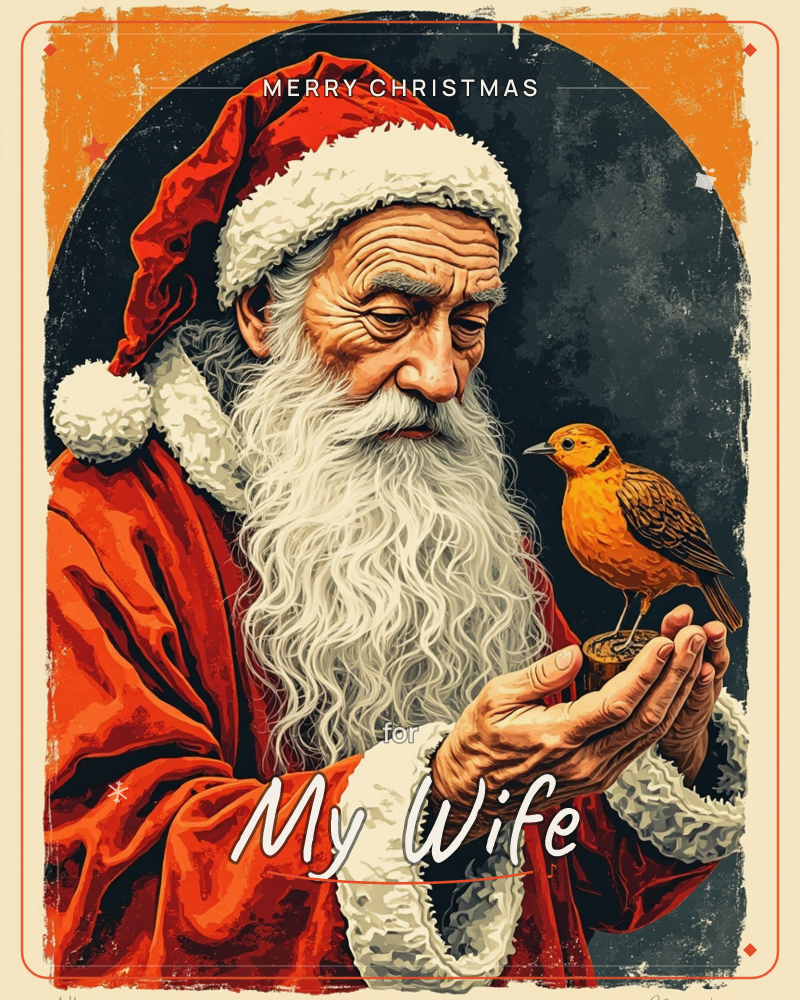 A weathered Santa in a deep red coat cradles a small golden bird in his open palms, gazing down at it with quiet tenderness, a christmas e-card design