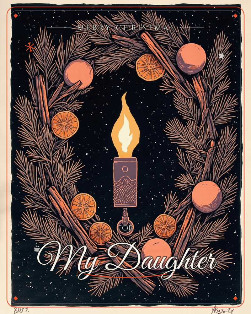 A single glowing candle sits at the centre of a wreath made of pine sprigs, cinnamon sticks, dried orange slices, and round citrus fruits, all rendered…, a christmas e-card design
