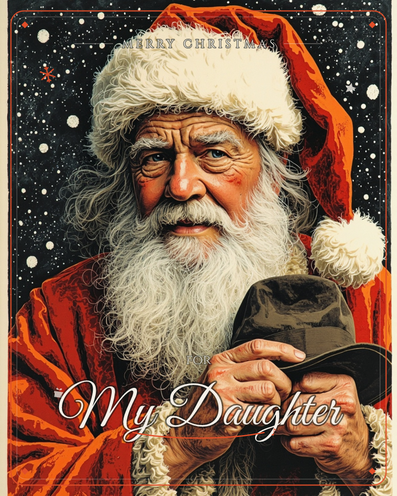 A close-up portrait of Santa Claus against a night sky scattered with falling snow, his red fur-trimmed hat and long white beard rendered in rich…, a christmas e-card design