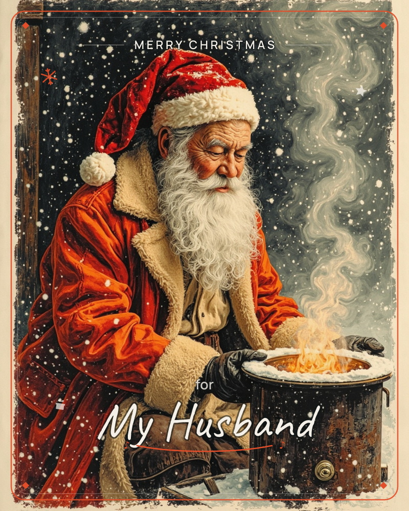 A weathered Santa in a fur-trimmed red coat kneels beside a battered old stove, warming his gloved hands over a small crackling fire inside it as snow…, a christmas e-card design
