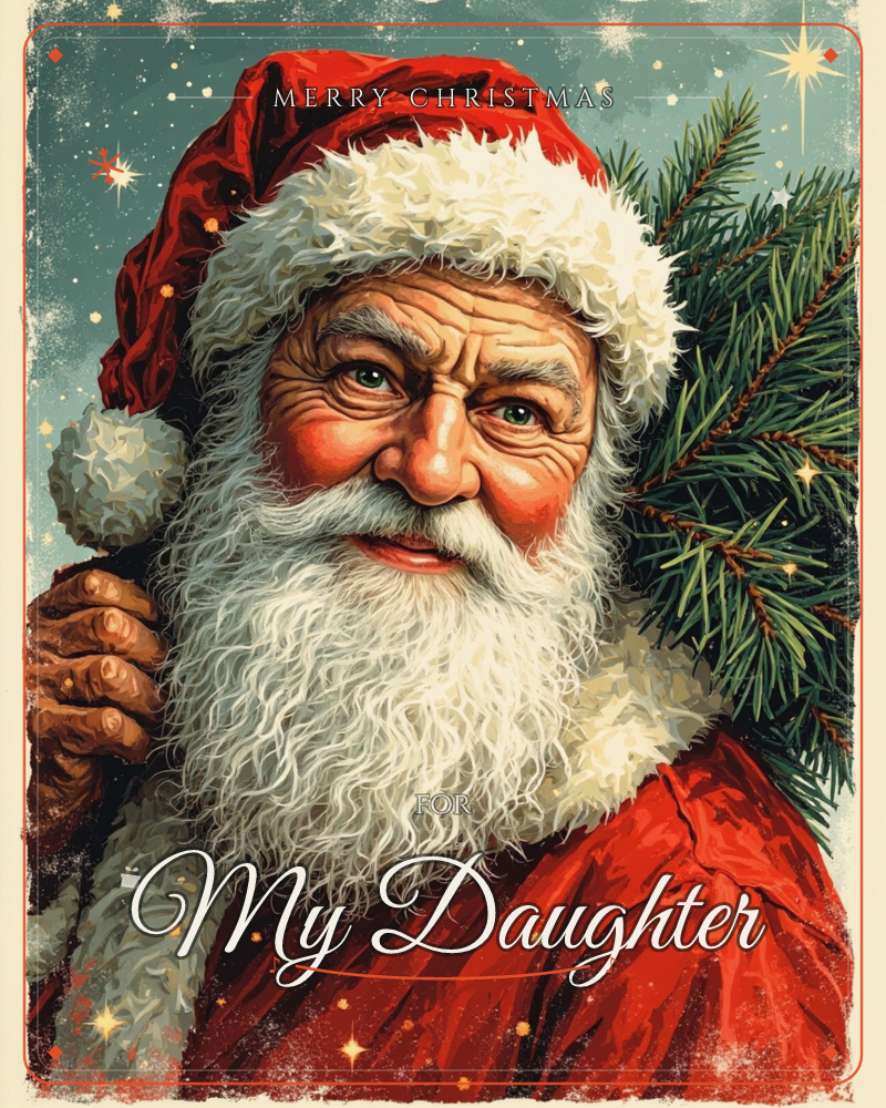 A close-up portrait of Santa Claus, his weathered face framed by a fur-trimmed red hat and a thick curling white beard, carrying a bundle of pine…, a christmas e-card design