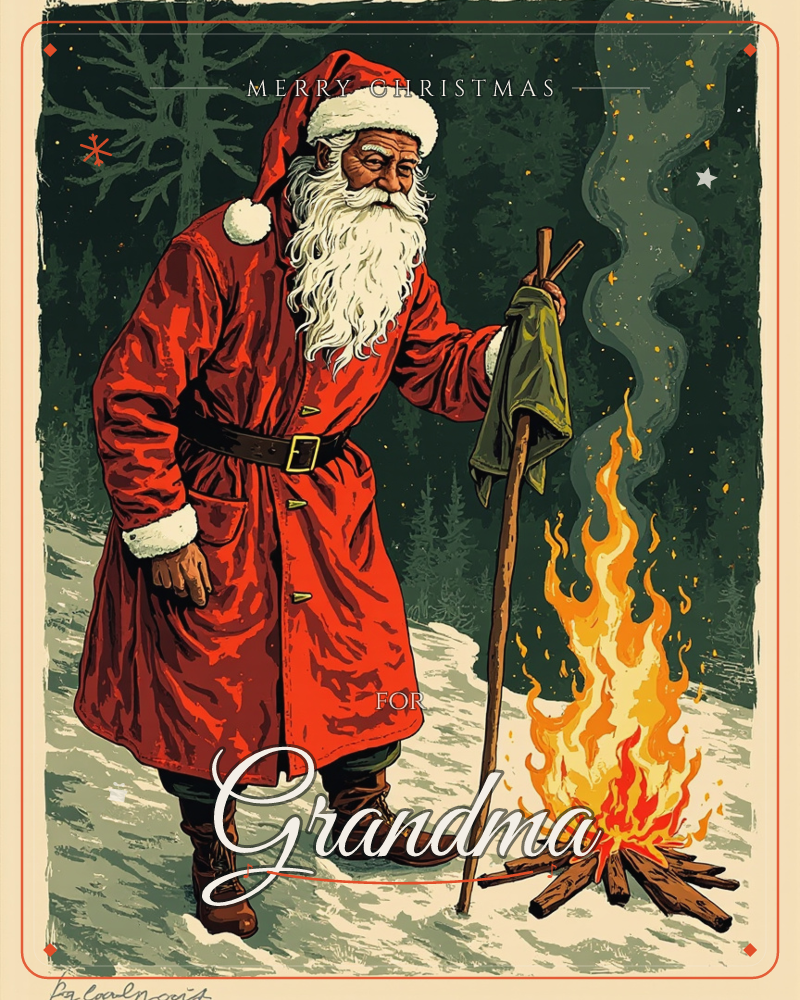 Santa stands in a snowy pine forest at night, tending a crackling campfire with a long wooden stick draped in a cloth, a christmas e-card design