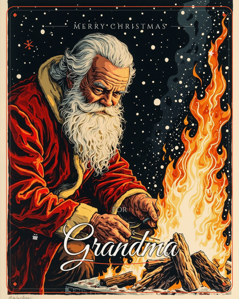 An old man with a long white beard and flowing hair kneels in a red fur-trimmed robe, tending a roaring bonfire under a night sky scattered with stars, a christmas e-card design