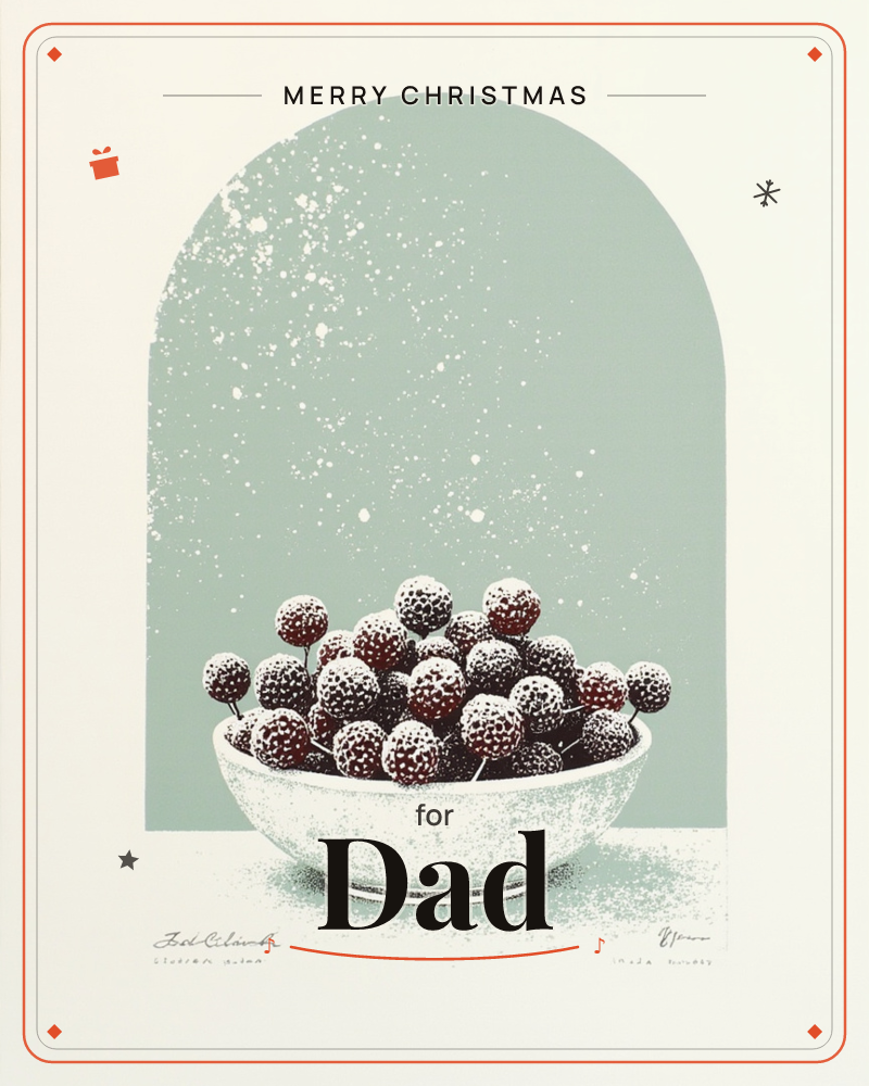 A white ceramic bowl heaped with dark, textured berries sits centred against a sage-green arched niche, the whole scene dusted with a fine speckled…, a christmas e-card design