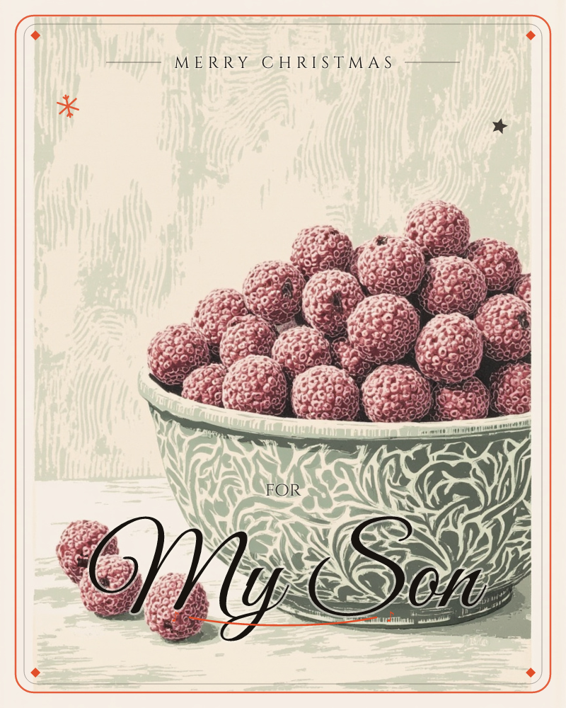 A patterned ceramic bowl sits piled high with dusty pink raspberries, its surface etched with a swirling leaf motif that echoes the woodgrain background, a christmas e-card design